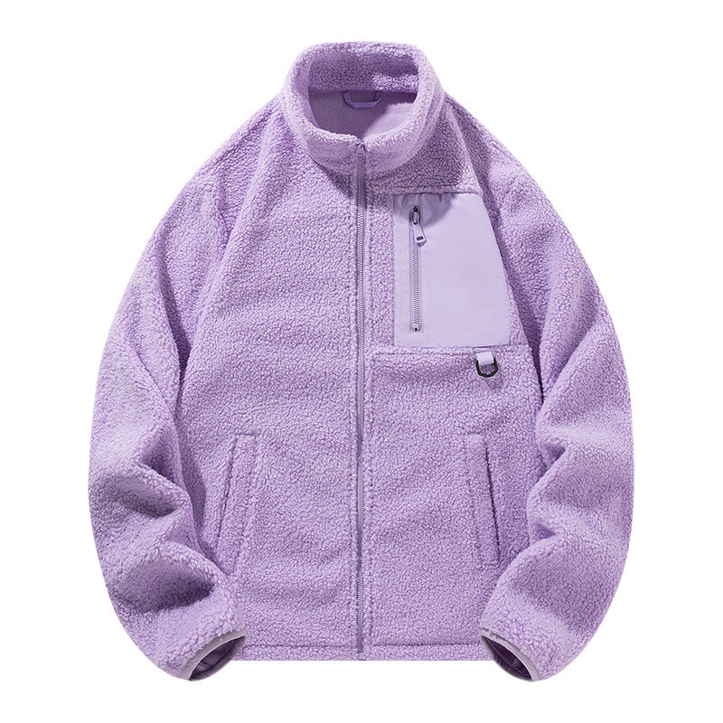 Unisex fleece jacket with stand-up collar and pockets