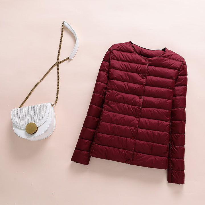 Light women's down jacket, collarless, short