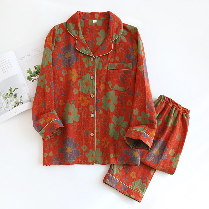 Women's loungewear suit, cotton, long-sleeved, with button placket