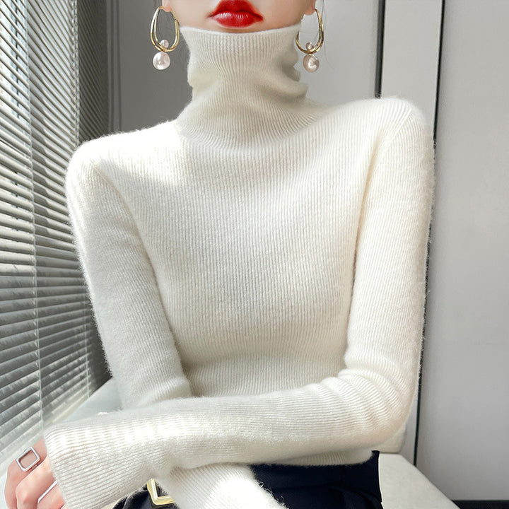 Women's knitted pullover with stand-up collar, fitted
