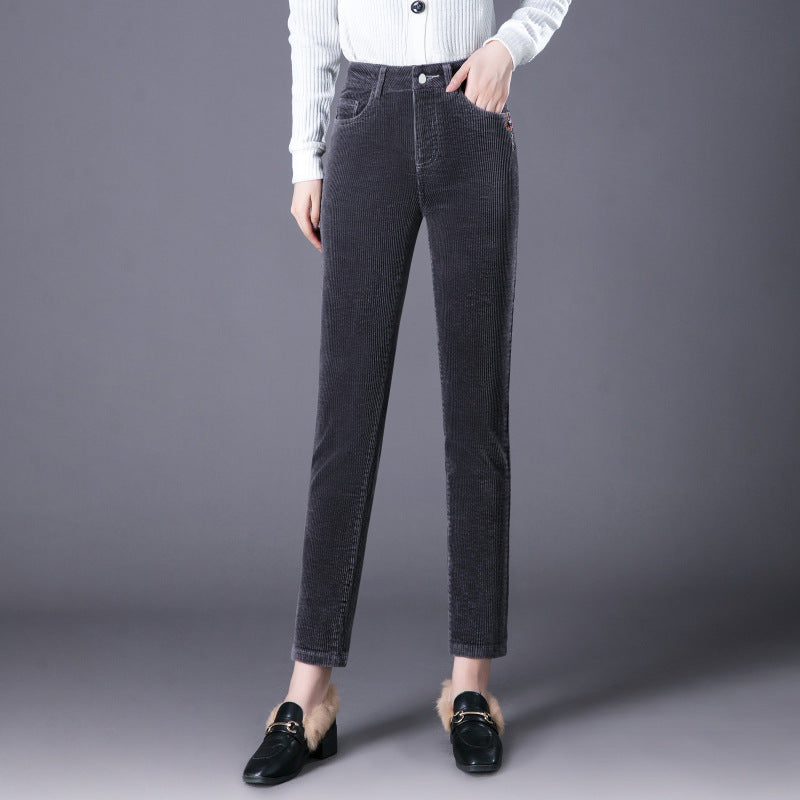 Cord pants, straight cut, high waist, lined