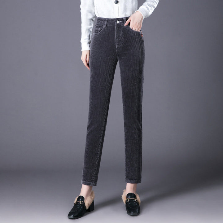 Cord pants, straight cut, high waist, lined