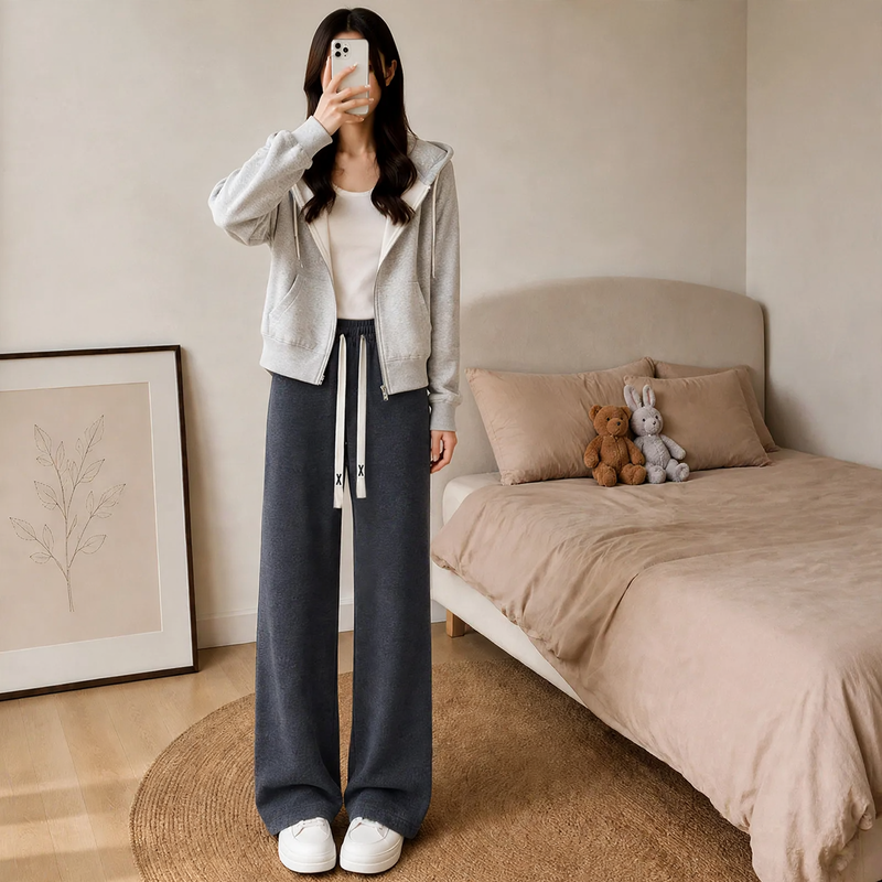 Fleece-lined corduroy knitted pants with wide legs