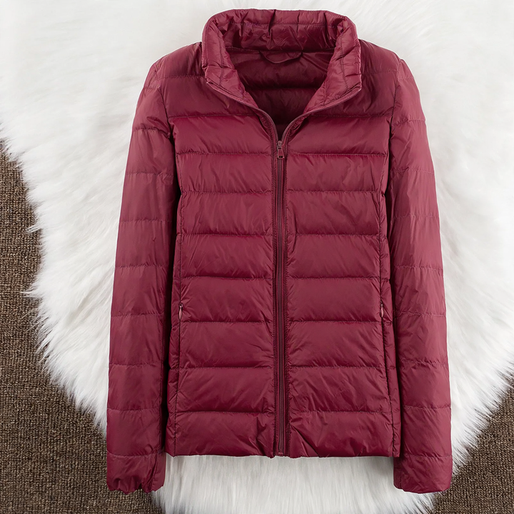 Light women's down jacket with hood and standing collar