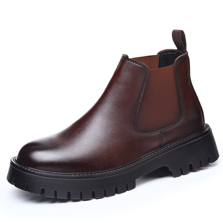 Men's Ankle Boots, Leather, Mid-High Heel, Round Design