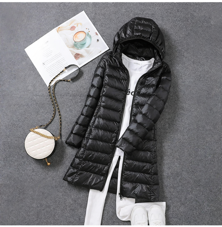 Women’s down coat, medium length, with removable hood