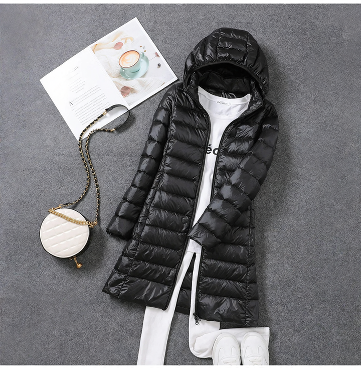 Women’s down coat, medium length, with removable hood