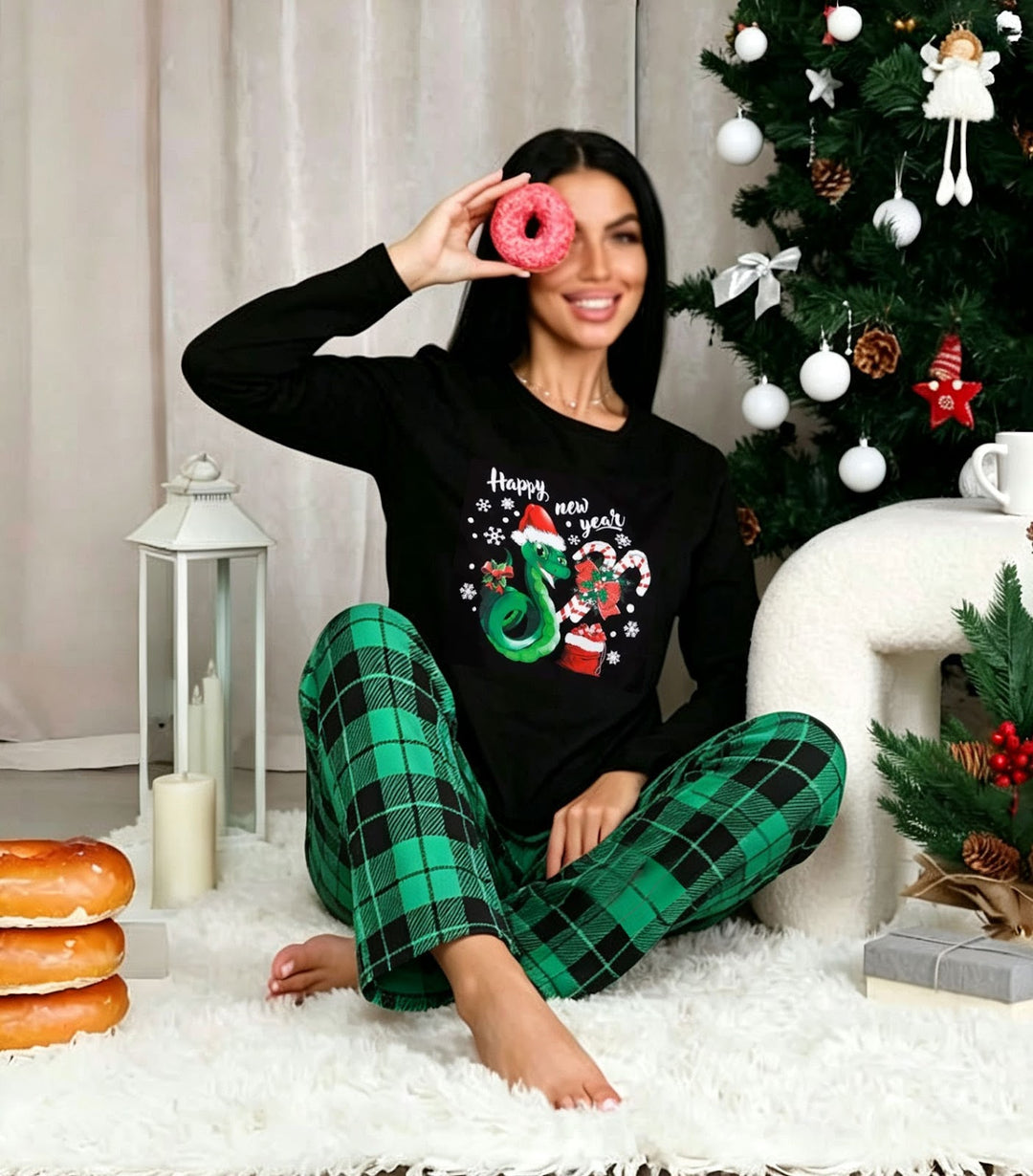 Women's Pajama Set, Long Sleeve, Checkered, for Cozy Hours