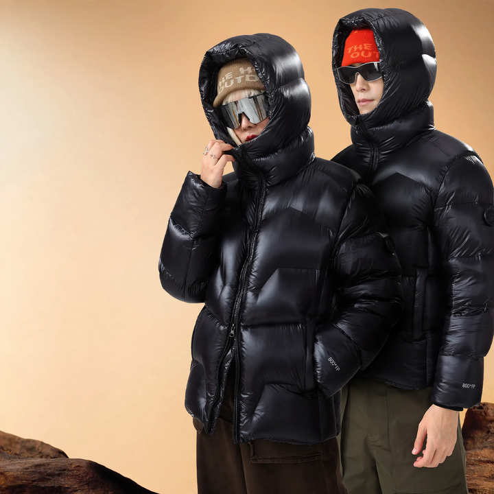 Long unisex down jacket with 95% white goose down filling