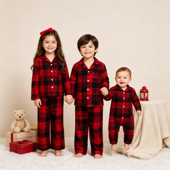 Luxurious family pajama set with check pattern