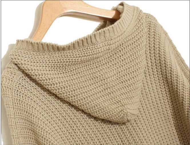 Ladies Chunky Knitted Poncho with Hood and Side Fringes Lune London