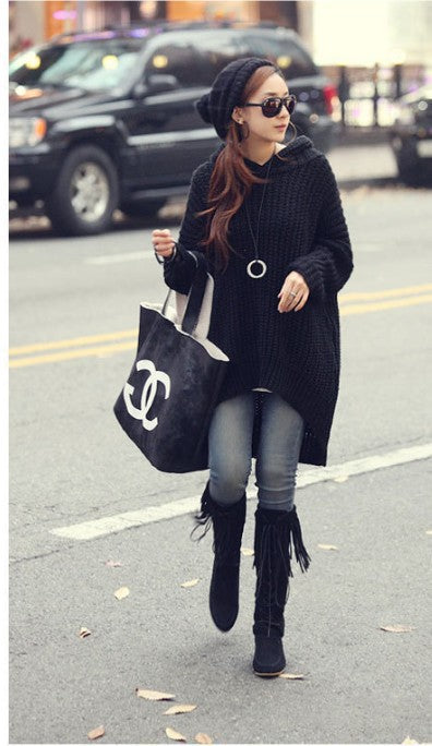 Ladies Chunky Knitted Poncho with Hood and Side Fringes Lune London