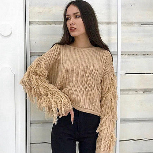 Thick knit women's sweater with fringed sleeves and a relaxed fit Amarae