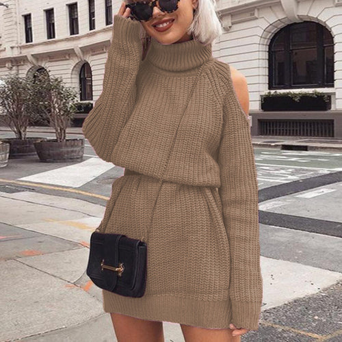 Knit turtleneck dress for women with off-the-shoulder design and waist belt Amarae
