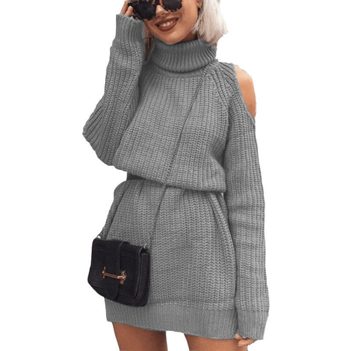 Knit turtleneck dress for women with off-the-shoulder design and waist belt Lune London