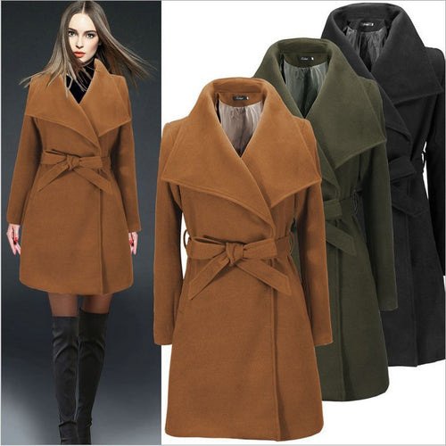 Women Elegant coat with large collar and tied belt at the waist Amarae