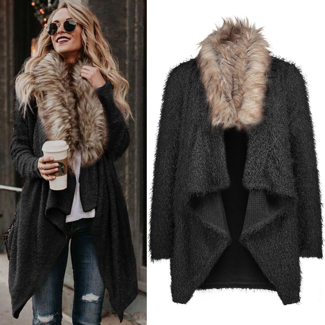 Ladies plush cardigan with removable faux fur hood and chic elegant silhouette