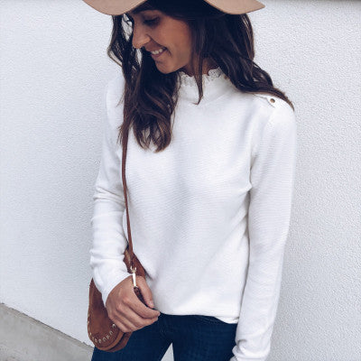 Ladies luxurious sweater with ruffled collar and decorative button details Amarae