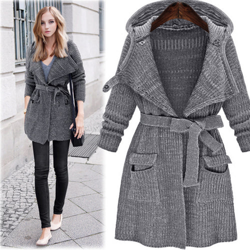 Knit coat for women with hood and practical pockets Amarae
