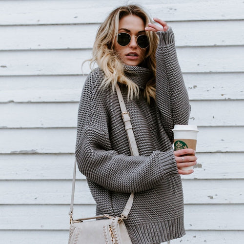 Women Oversized Chunky Knit Sweater with High Collar Amarae