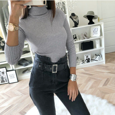 Knitted sweater for women with high collar and high-quality ribbed design Amarae