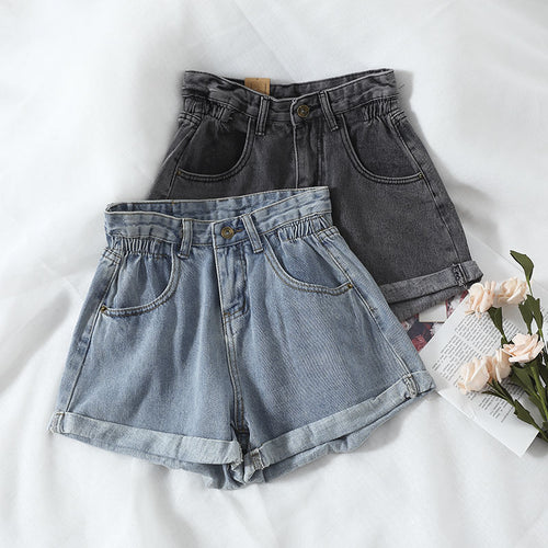 Women's High-Waist Denim Shorts with convertible hem and elastic waistband Amarae