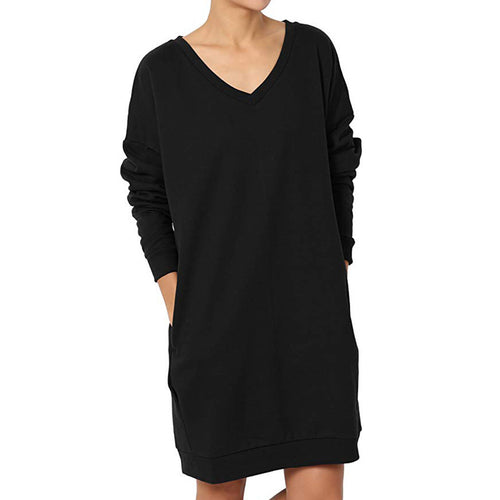 Sweat dress for women with deep V-neck and practical pockets Amarae