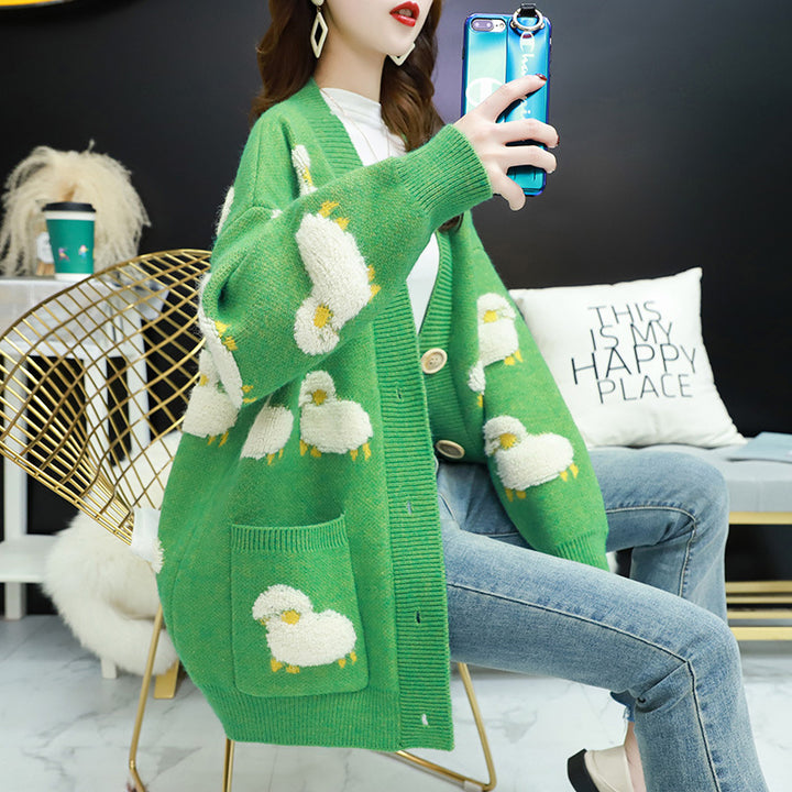 Women’s knit jacket with playful sheep pattern and pockets Lune London