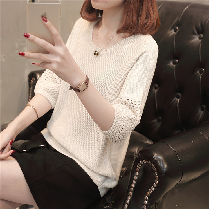 Casual knitted sweater for women with refined openwork patterned sleeves Lune London