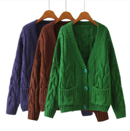 Women's chunky knit cardigan with decorative pockets and button embellishments Amarae