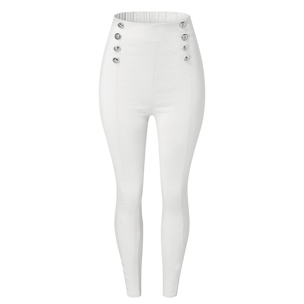 Women figure-flattering high-waist stretch skinny pants with decorative decorative buttons Amarae