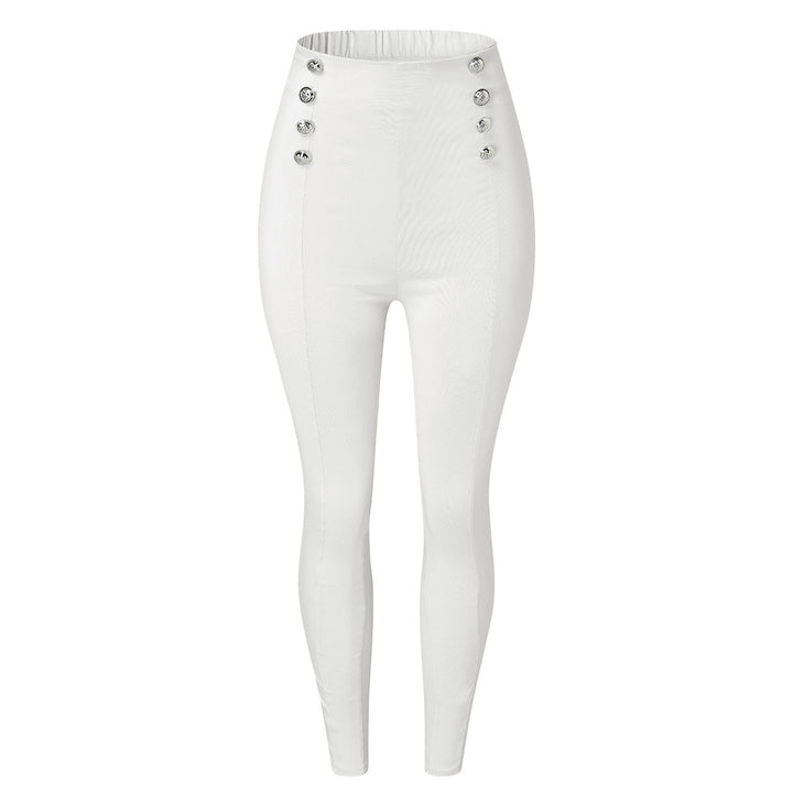 Women figure-flattering high-waist stretch skinny pants with decorative decorative buttons Amarae