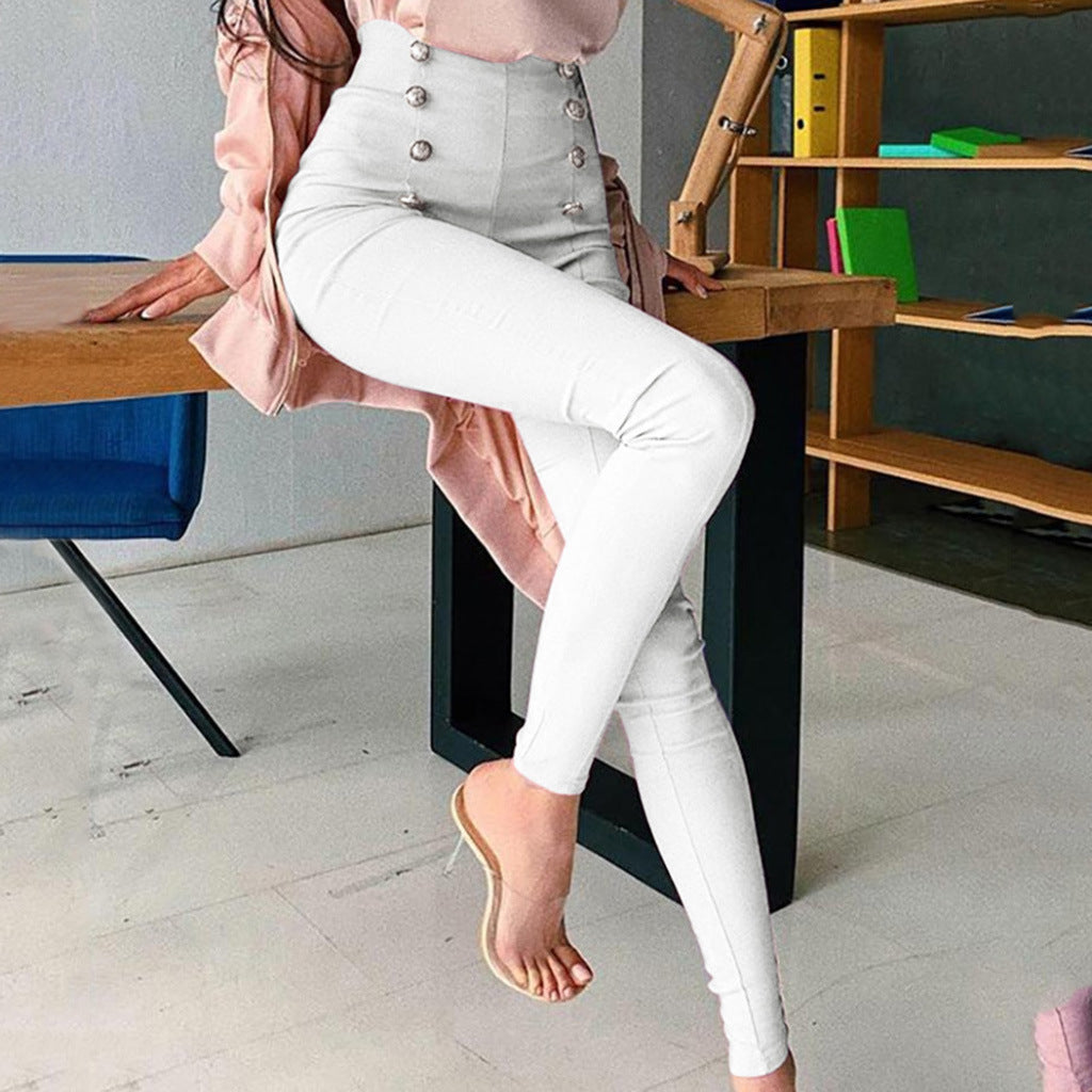 Women figure-flattering high-waist stretch skinny pants with decorative decorative buttons Amarae