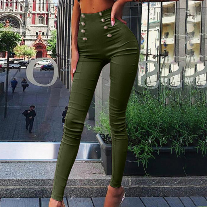Women figure-flattering high-waist stretch skinny pants with decorative decorative buttons Amarae