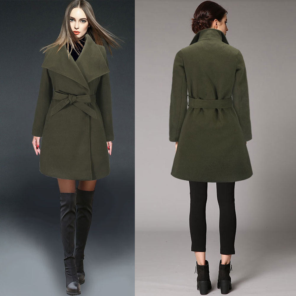 Elegant wrap coat for women with large collar and belt detail Lune London