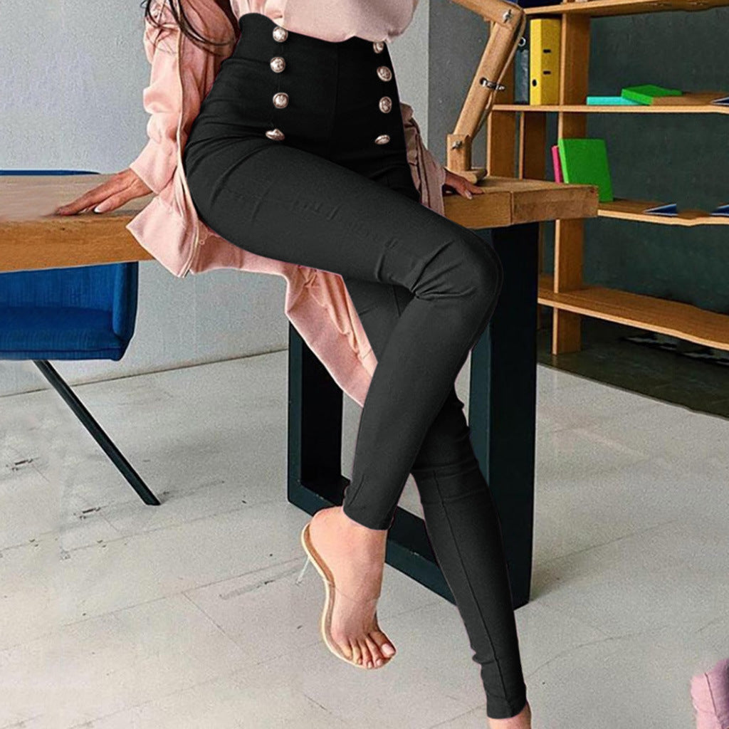 Women figure-flattering high-waist stretch skinny pants with decorative decorative buttons Amarae