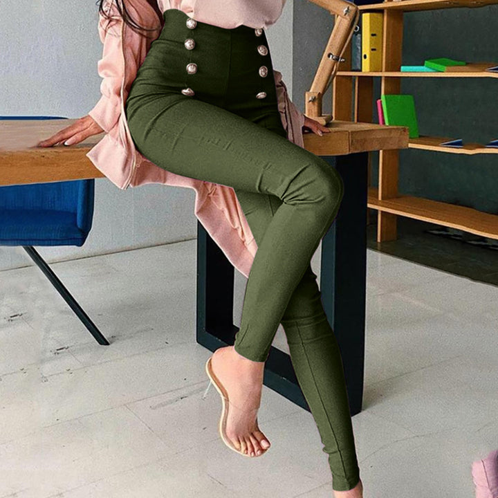 Women figure-flattering high-waist stretch skinny pants with decorative decorative buttons Amarae