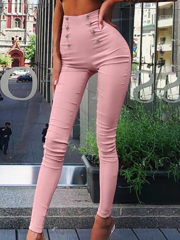 Women figure-flattering high-waist stretch skinny pants with decorative decorative buttons Amarae