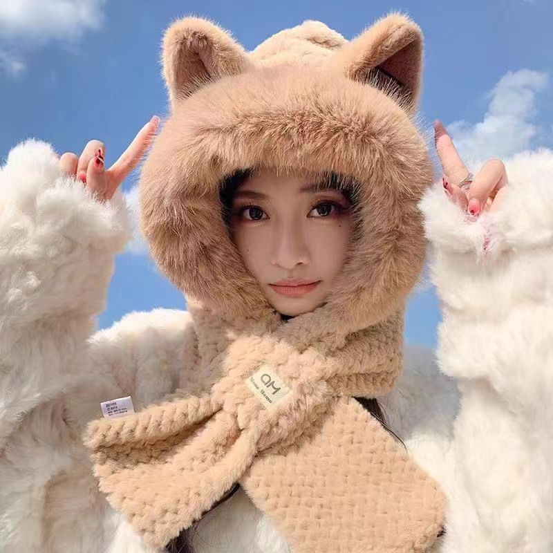 Fleece-lined plush hat with integrated scarf
