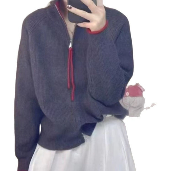 Women's cardigan with zipper and color block design