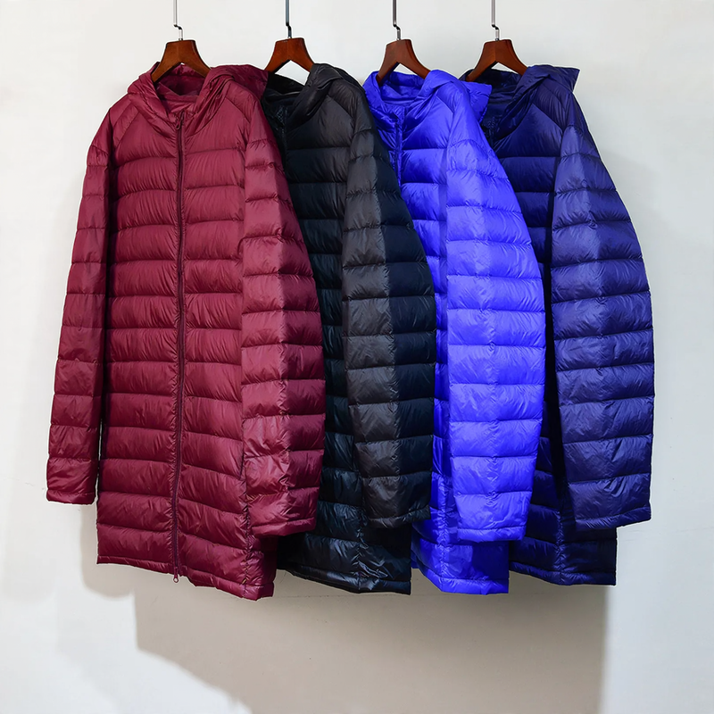 Men's down jacket, medium length, plus sizes, with hood
