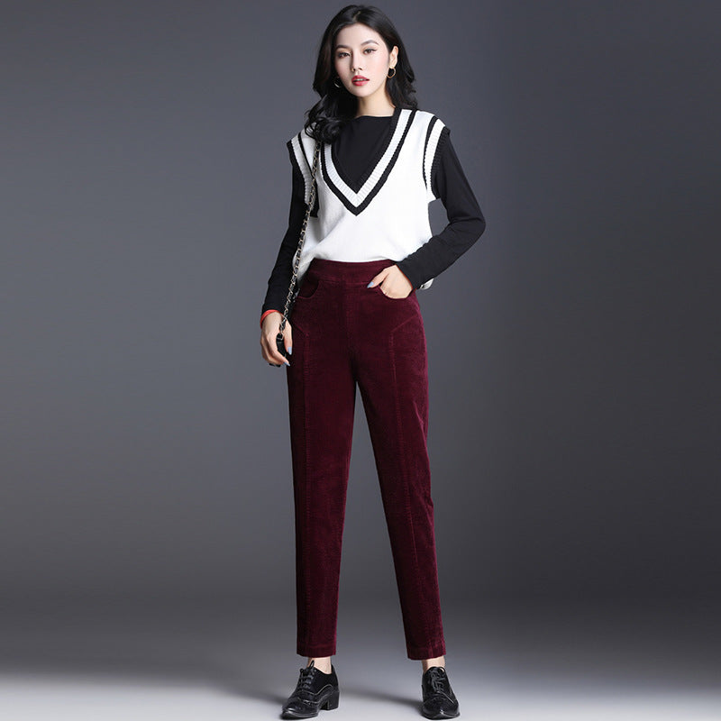 Women's corduroy pants, shortened, high waistband
