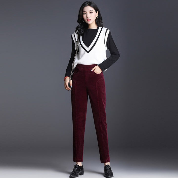 Women's corduroy pants, shortened, high waistband