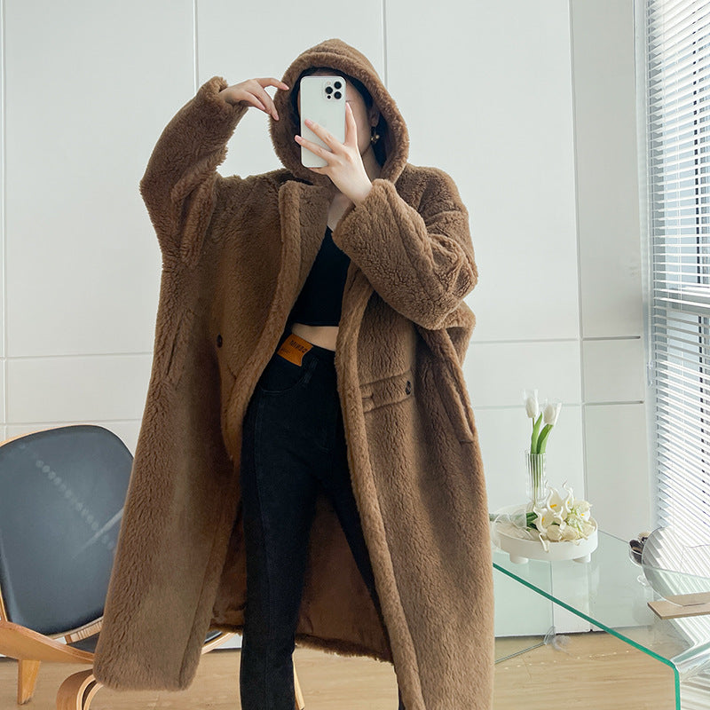 Teddy coat with hood, mid-length, women's