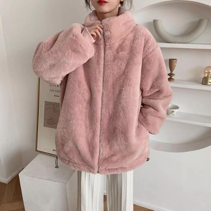 Casual lambskin imitation jacket with stand-up collar