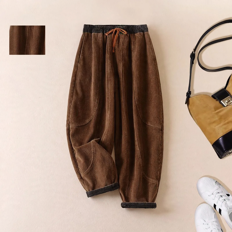 Women's corduroy trousers, lined, with adjustable belt, tapered