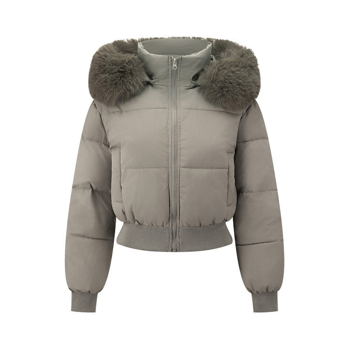 Short women's winter jacket with removable hood