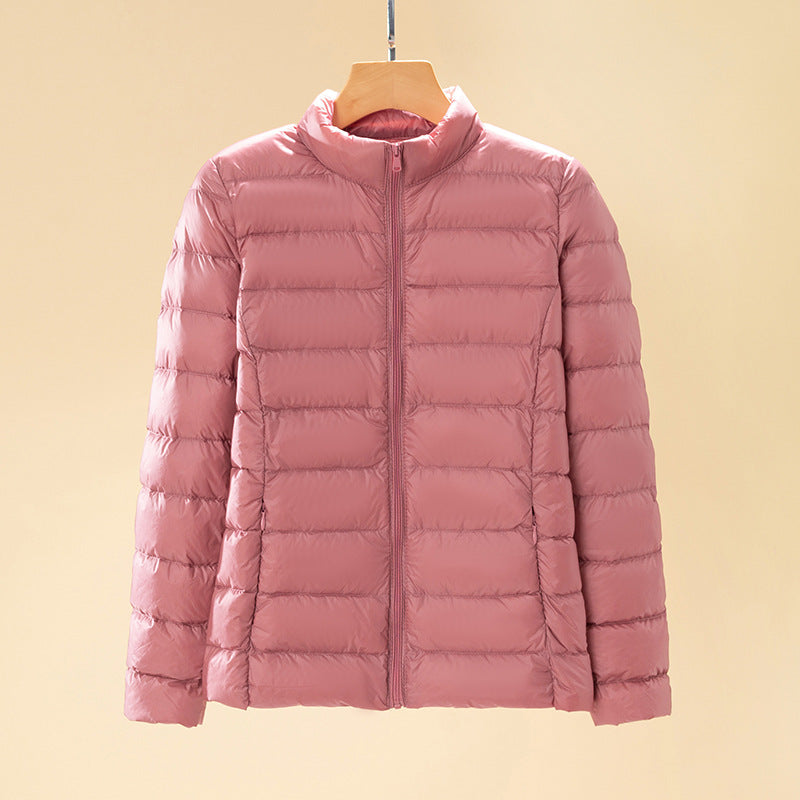 Short women's down jacket with stand-up collar