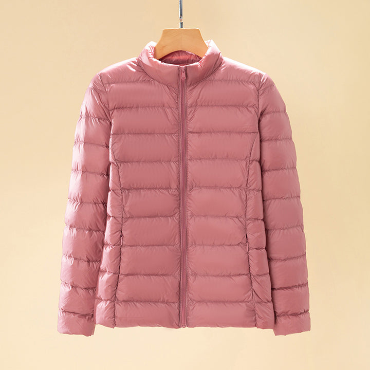 Short women's down jacket with stand-up collar