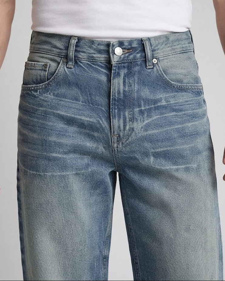 Men's Loose Fit Denim Jeans in Vintage Whisker Design with Palazzo Cut Amarae